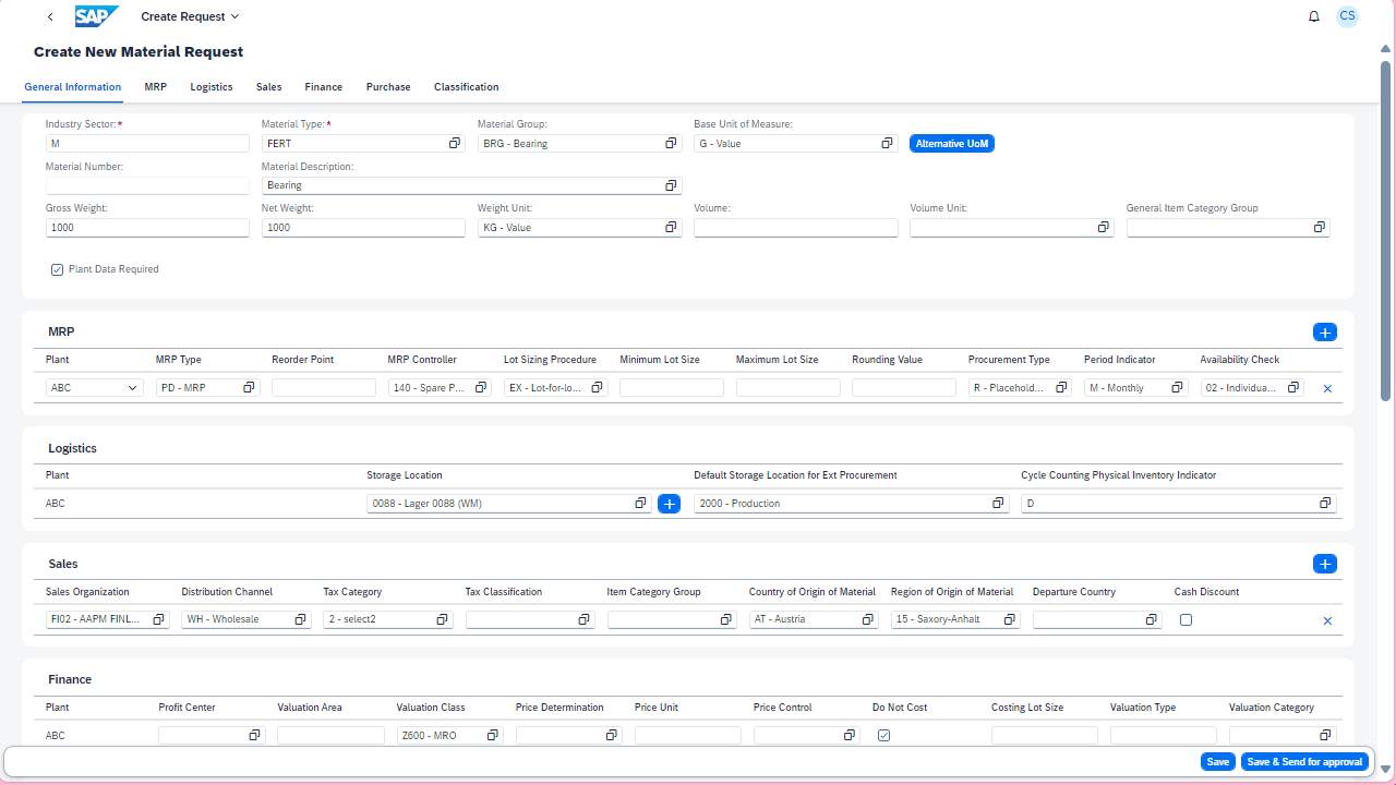 Screenshot from Material master